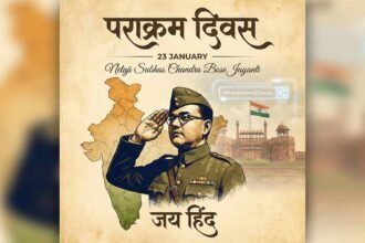 Netaji Subhash Chandra Bose saluting in uniform with Red Fort and Indian flag in background - Parakram Diwas Special